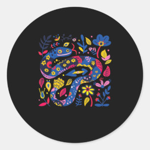 Sticker Rond Illustration D'Art Folk Coloré D'Un Serpent Autour