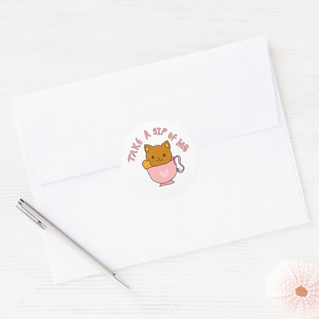 Sticker Rond Illustration de chat mignon dans une tasse à thé – (Enveloppe)