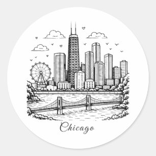 Sticker Rond Illustration de Chicago en ligne noire