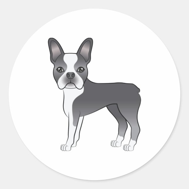 Sticker Rond Illustration de chien Boston Terrier bleu et blanc (Devant)