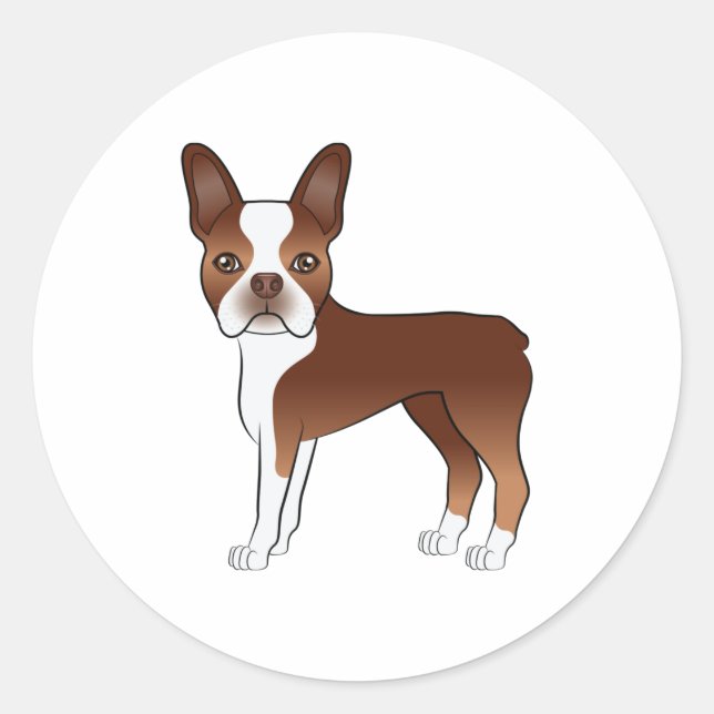 Sticker Rond Illustration de chien Boston Terrier rouge et blan (Devant)