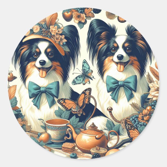 Sticker Rond Illustration de chien de papillon mignonne (Devant)