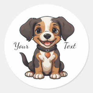 Sticker Rond Illustration de chiot animé heureux personnalisabl