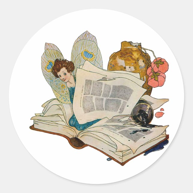 Sticker Rond Illustration de fée bibliophile vintage (Devant)