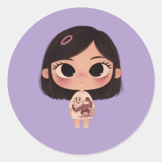 Sticker Rond Illustration de fille chibi mignonne sur un bouton (Devant)