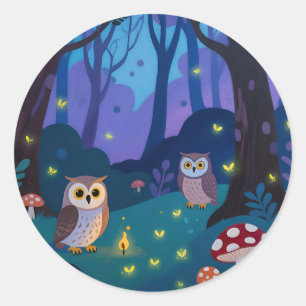 Sticker Rond Illustration de Hiboux de la Forêt Nocturne