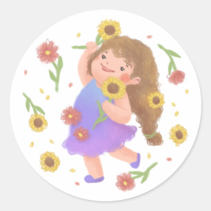 Sticker Rond Illustration de la fille avec des tournesols