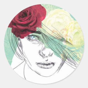 Sticker Rond illustration de la fille vintage
