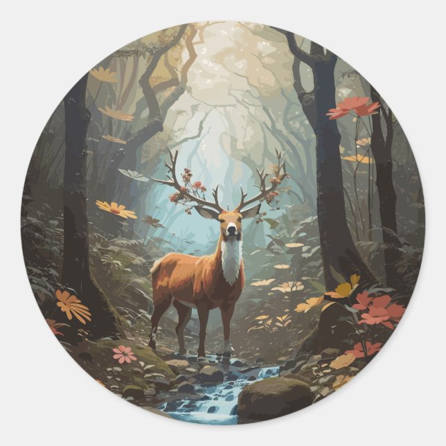 Sticker Rond illustration de la forêt de cerfs (Devant)