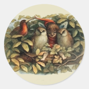 Sticker Rond Illustration de la nature des hiboux et des fées d