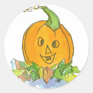 Sticker Rond Illustration de l'aquarelle Jack-O-Lantern Citroui