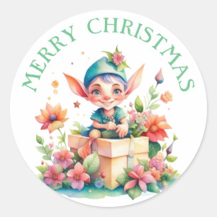 Sticker Rond Illustration de l'aquarelle Joyeux Elfe de Noël