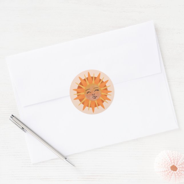 Sticker Rond Illustration de l'aquarelle orange Sun Face (Enveloppe)