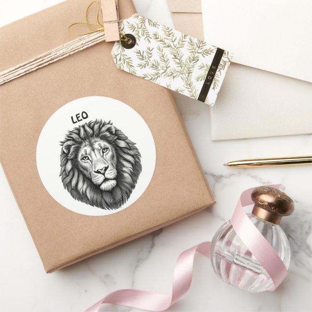 Sticker Rond Illustration de l'encre d'art Zodiac Leo Lions Hea (Cadeaux)