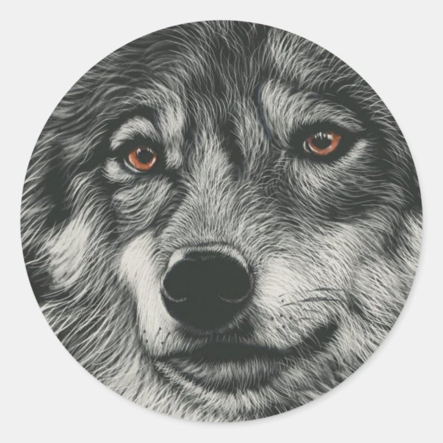 Sticker Rond Illustration de loup noir et blanc (Devant)