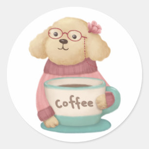 Sticker Rond Illustration de mignonne chien et café