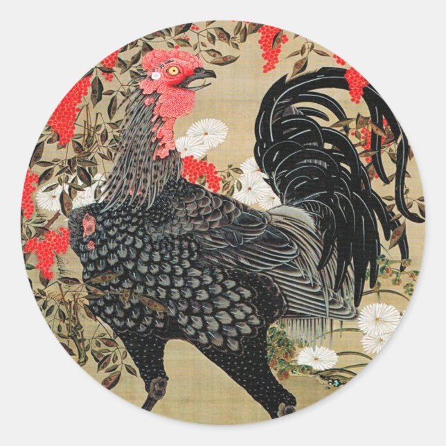 Sticker Rond Illustration de Nandina et Rooster par Ito Jakuchu (Devant)