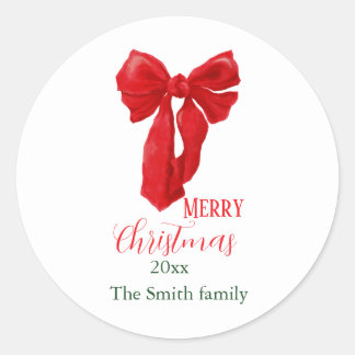 Sticker Rond Illustration de nœud rouge minimal Joyeux Noël
