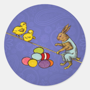 Sticker Rond Illustration de Pâques : lapin qui couve des œufs