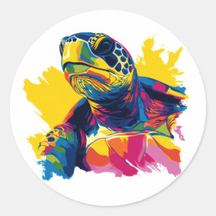 Sticker Rond Illustration de portrait de tortue Peinture à l'aq