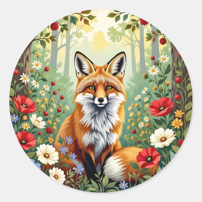 Sticker Rond Illustration de renard dans une forêt de fleurs sa (Devant)