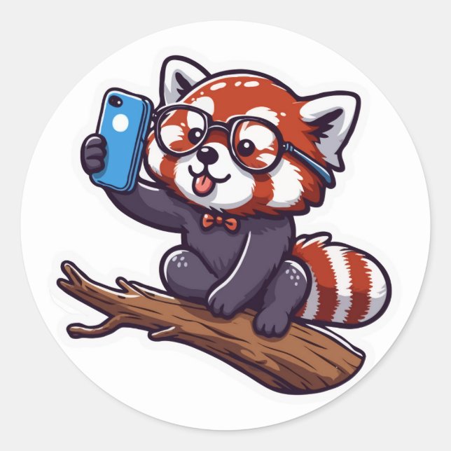Sticker Rond Illustration de Selfie Panda Rouge mignonne (Devant)