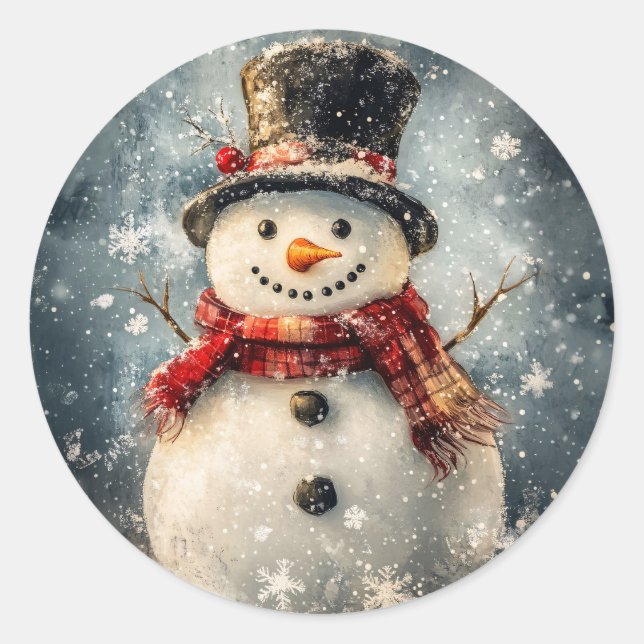Sticker Rond Illustration de Snowman avec des flocons de neige  (Devant)