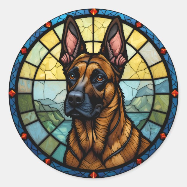 Sticker Rond Illustration de style vitrail de Malinois belge (Devant)