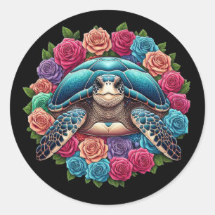 Sticker Rond Illustration de tortue colorée entourée de Roses