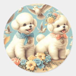 Sticker Rond Illustration de vintage Cute Bichon Frisé