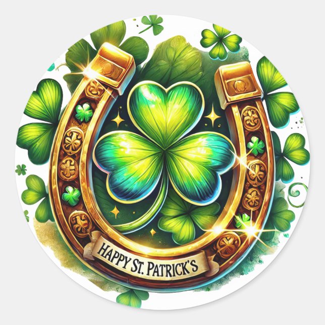 Sticker Rond Illustration des Shamrocks irlandais Green Horsesh (Devant)