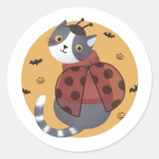 Sticker Rond Illustration d'Halloween : Ladybug Cat