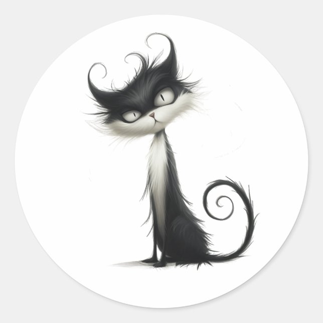 Sticker Rond Illustration du chat espiègle noir blanc lunatique (Devant)
