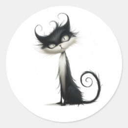 Sticker Rond Illustration du chat espiègle noir blanc lunatique