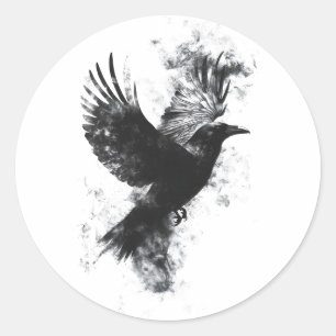 Sticker Rond Illustration du Corbeau gothique : Fumée et plumes