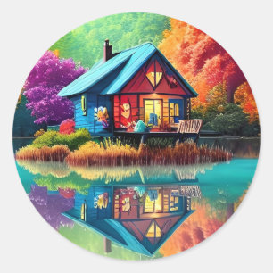 Sticker Rond Illustration du paysage avec lac et chalet-38566