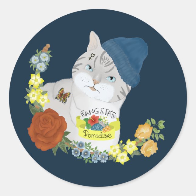 Sticker Rond Illustration d'un chat à chatte bleu mignon (Devant)
