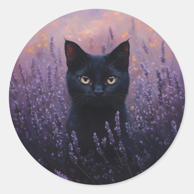 Sticker Rond Illustration d'un chat noir dans un champ de lavan (Devant)