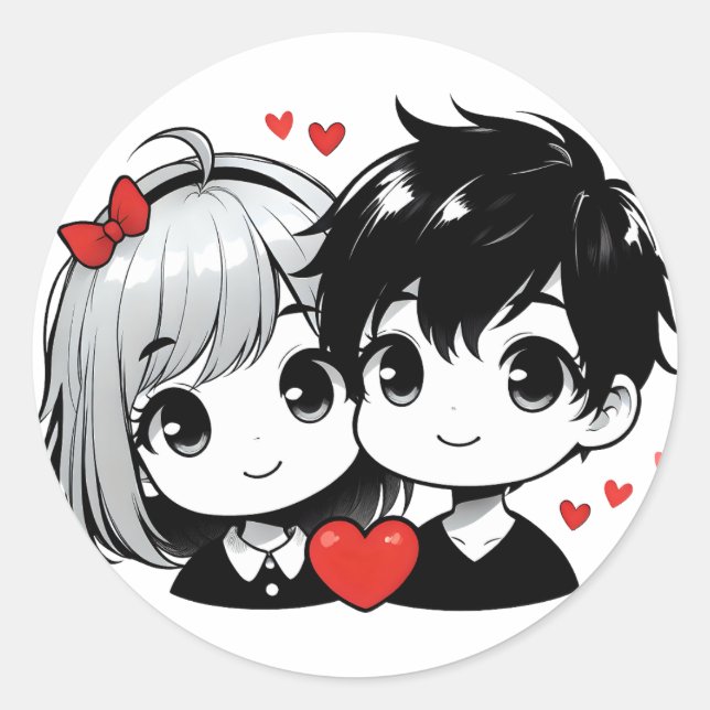 Sticker Rond Illustration d'une histoire d'amour chibi mignonne (Devant)