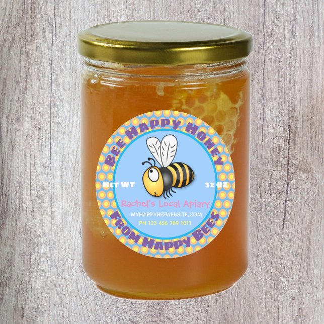 Sticker Rond Illustration en bleu apée miel mou (Start your honey business buzzing with these cute bee labels!)