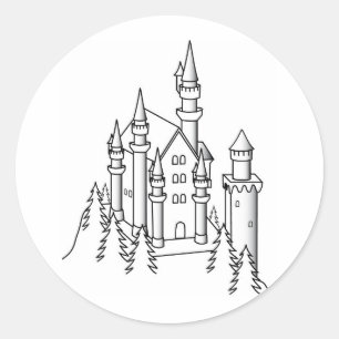 Sticker Rond Illustration en noir et blanc d'un château entouré