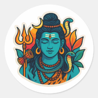 Sticker Rond Illustration minimale de Lord Shiva – Trishul, Dam