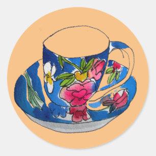 Sticker Rond illustration originale de l'aquarelle Teacups vint