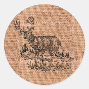 Sticker Rond Illustration Rustique Du Burlap Et Du Cerf