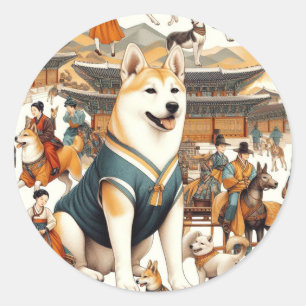 Sticker Rond Illustration sans couture du chien Jindo vintage c