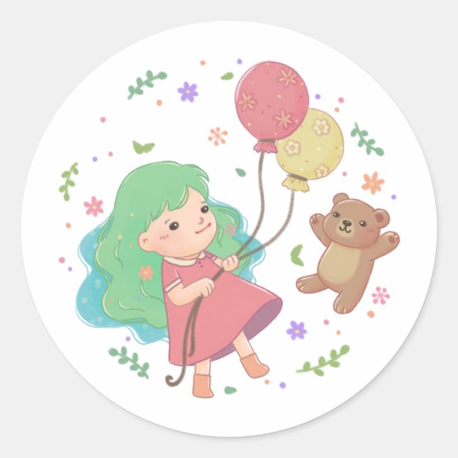Sticker Rond Illustration Teddy Bear & Girl (Devant)