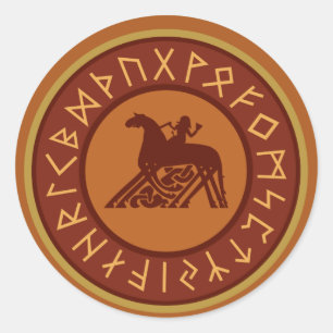 Sticker Rond Illustration Viking Runes, Odin et Sleipnir