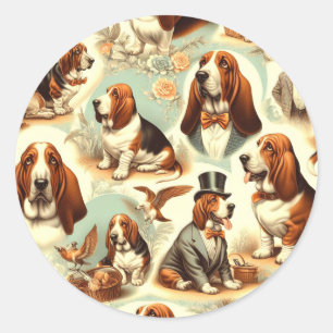 Sticker Rond Illustration vintage Basset Hound en toute transpa