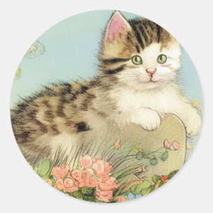 Sticker Rond Illustration vintage de chat avec fleurs roses