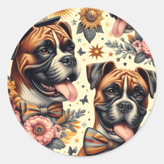 Sticker Rond Illustration vintage de chien de boxe (Devant)